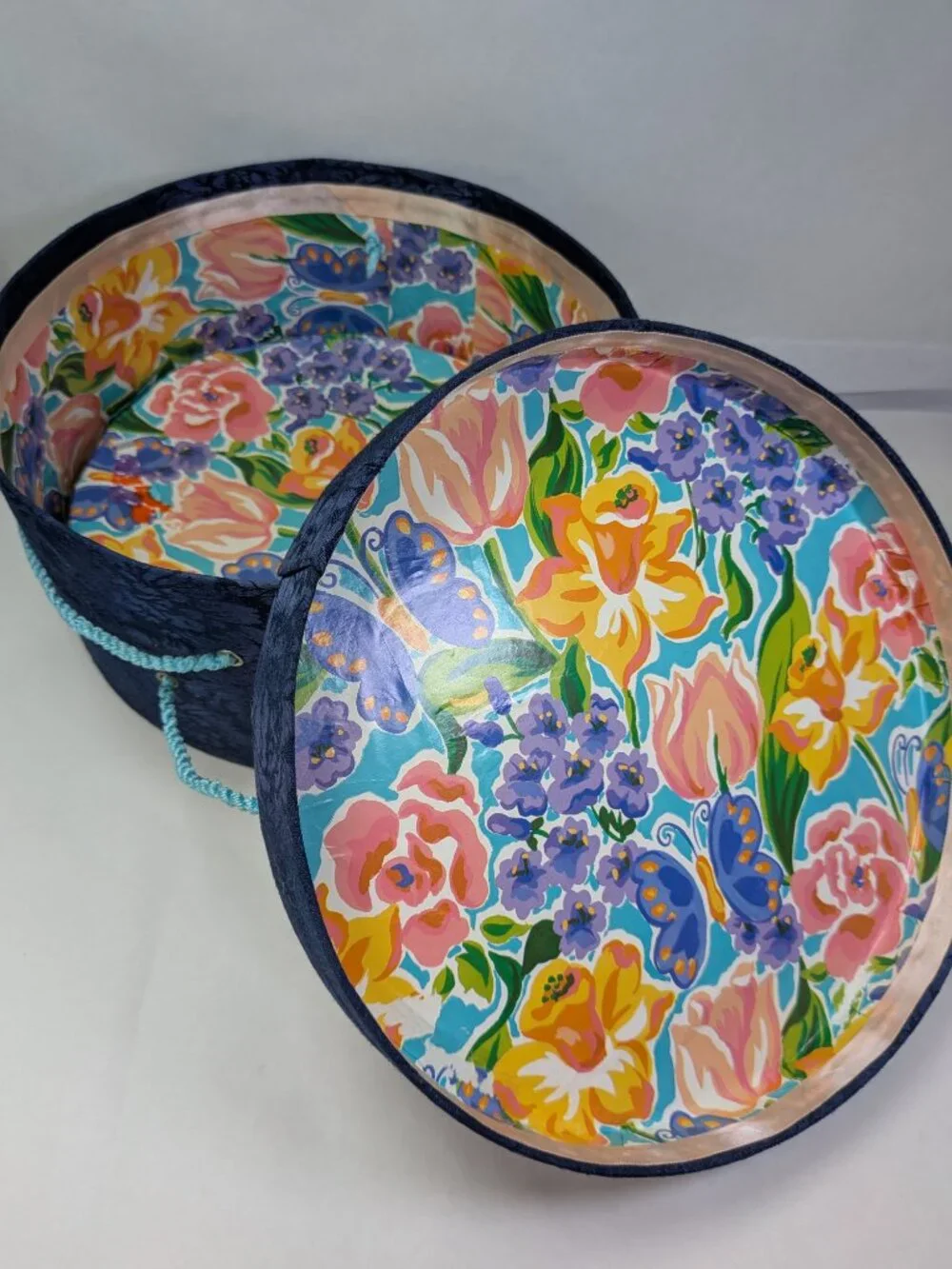 VTG Floral Damask Fabric Round Hat Boxes Set Navy Blue Bright Floral Rose Pink